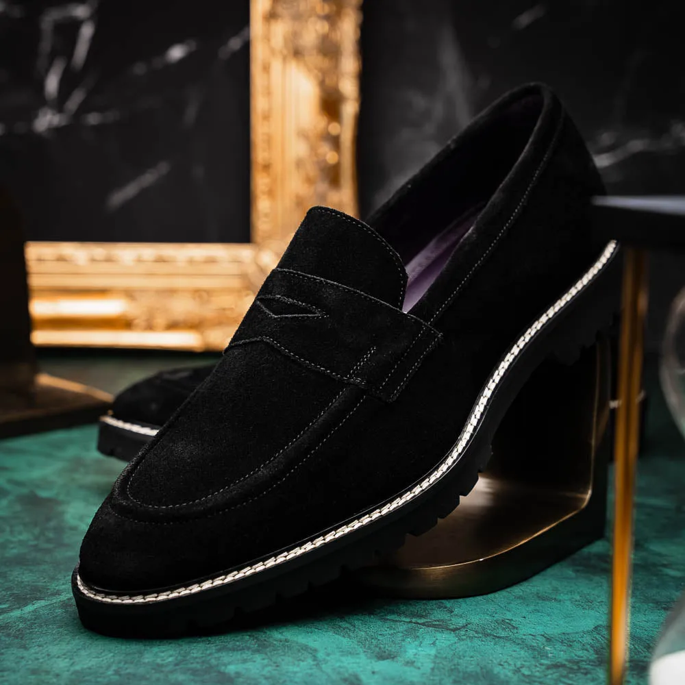 16-657-BLK ROMA Italian Suede Penny Loafers Black