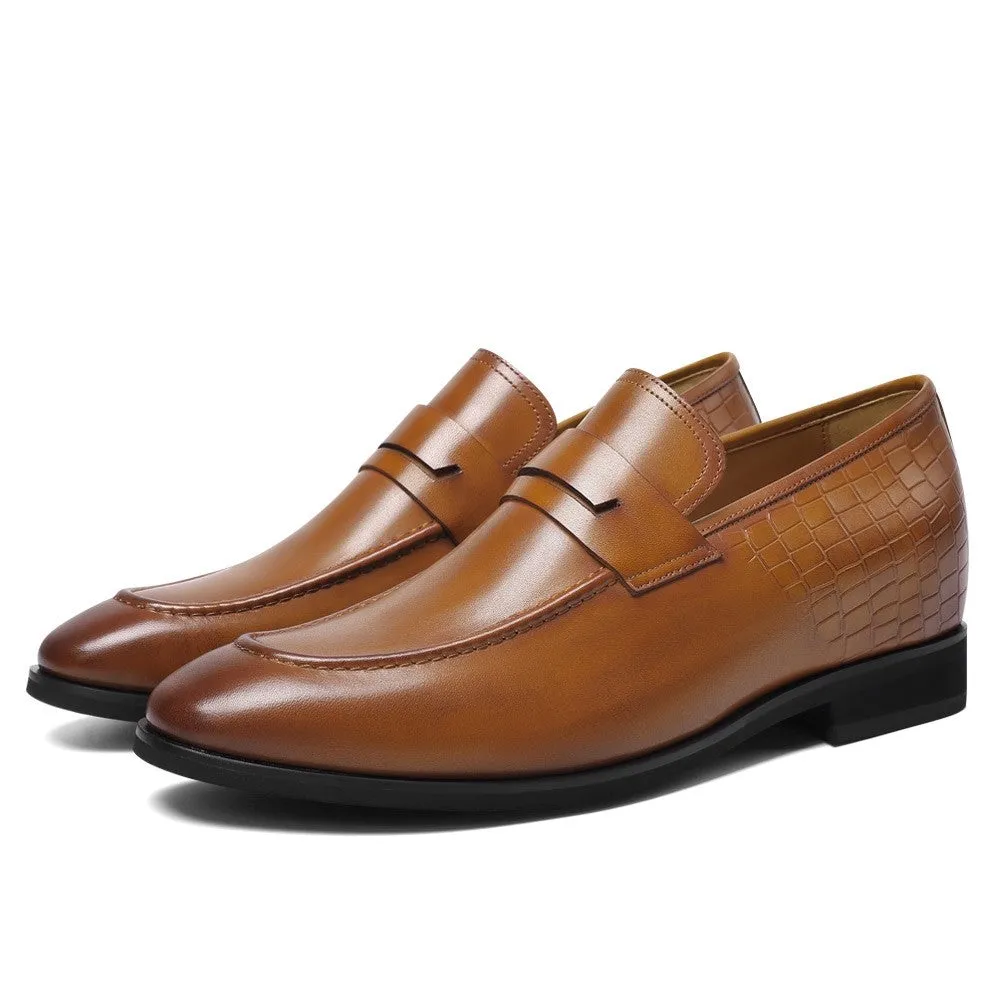 7 CM / 2.76 Inches CMR CHAMARIPA Men's Brown Leather Elevator Loafers -  Elegant Slip-On Dress Shoes