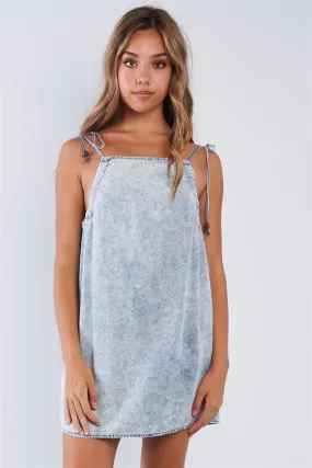 Acid Washed Denim Draw String Strap Mini Dress