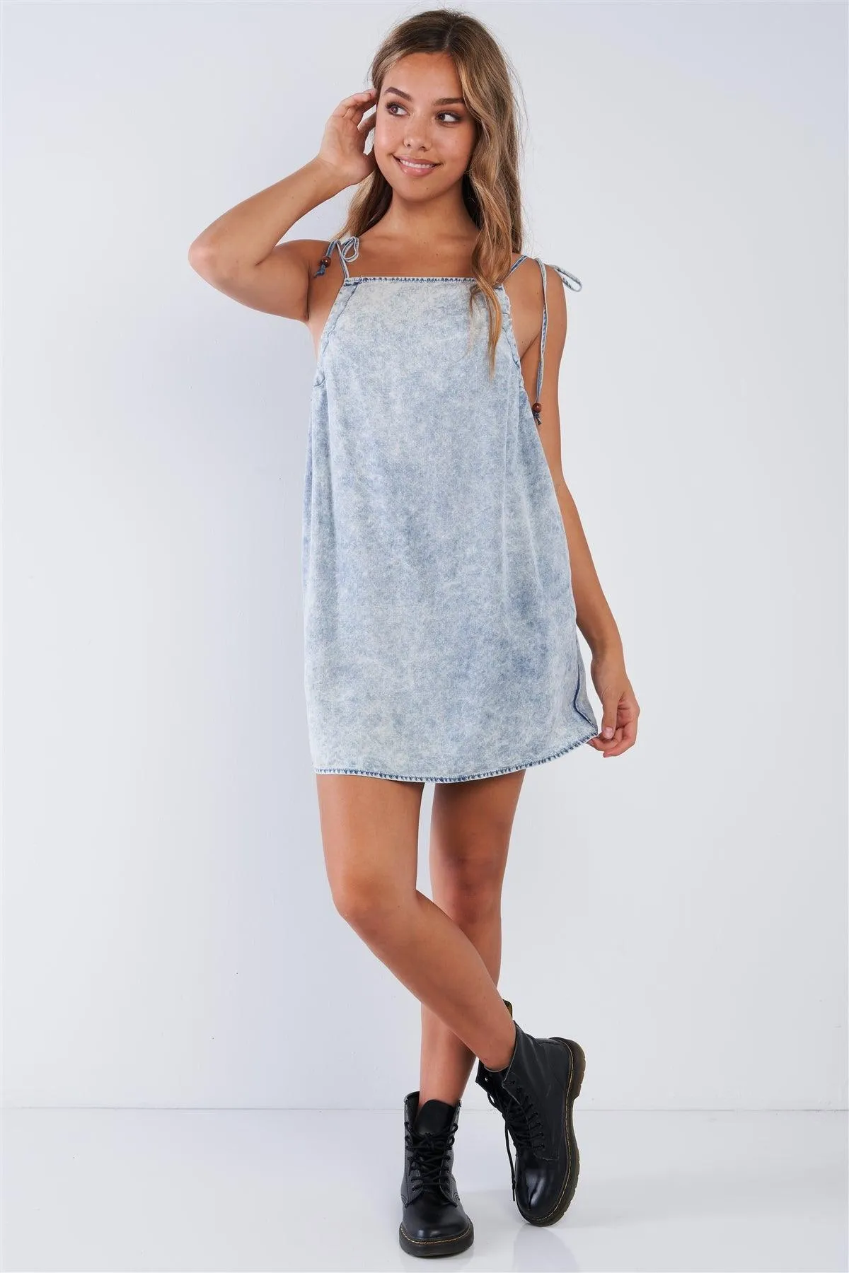 Acid Washed Denim Draw String Strap Mini Dress