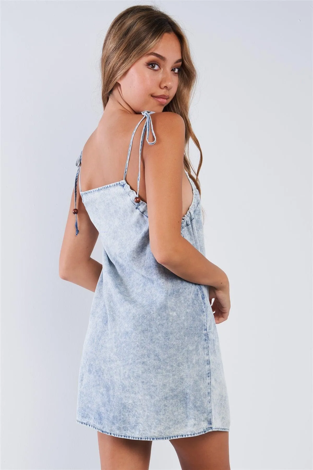 Acid Washed Denim Draw String Strap Mini Dress