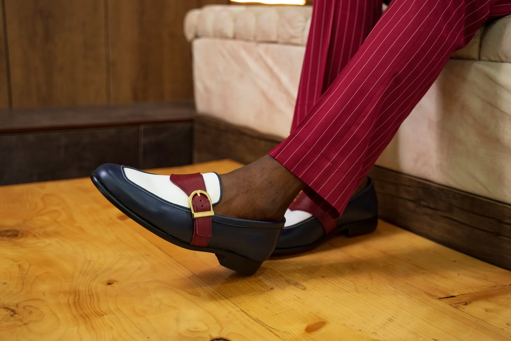 Ajadi Loafers in Navy Blue and White Leather with Red Strap Buckle