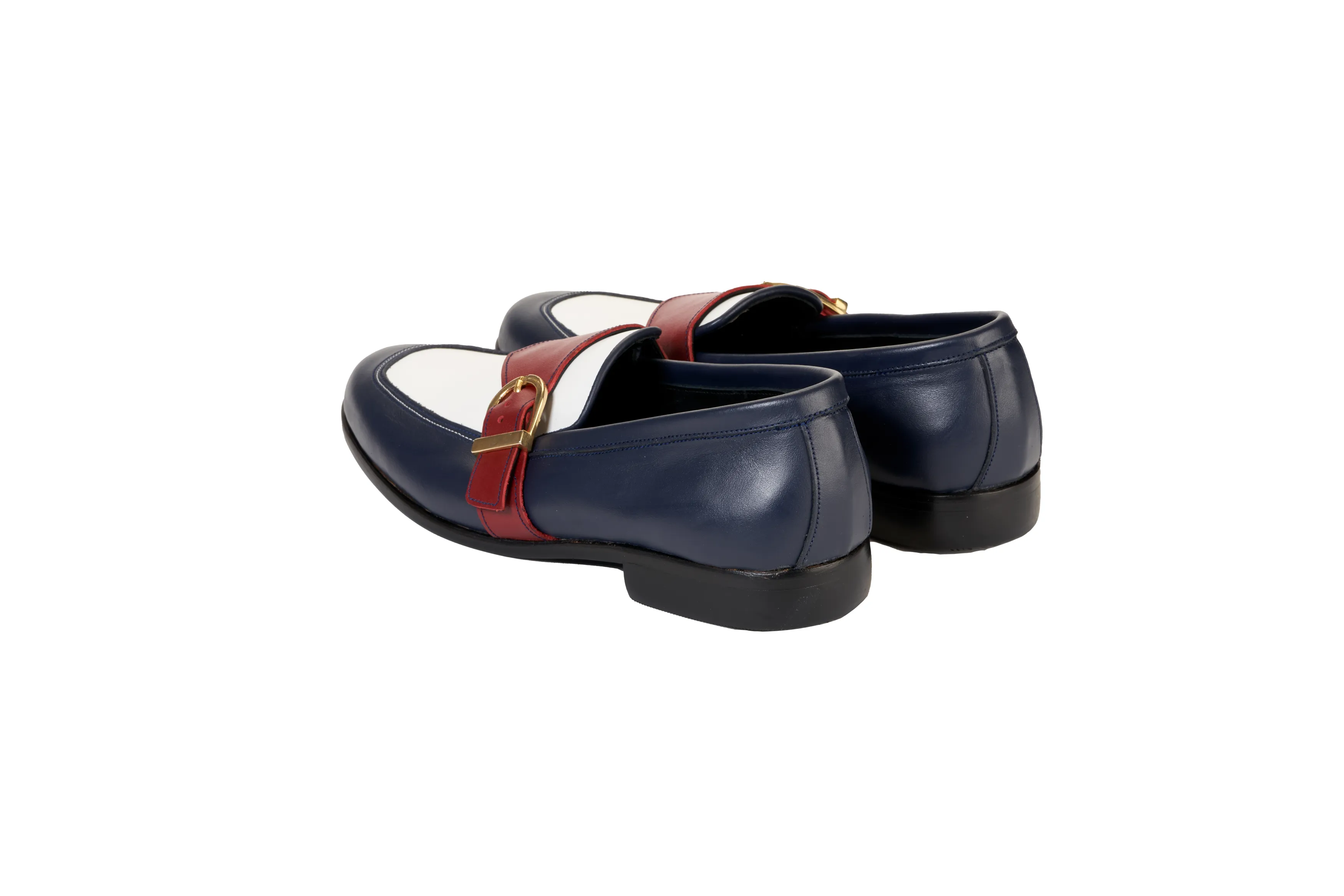 Ajadi Loafers in Navy Blue and White Leather with Red Strap Buckle