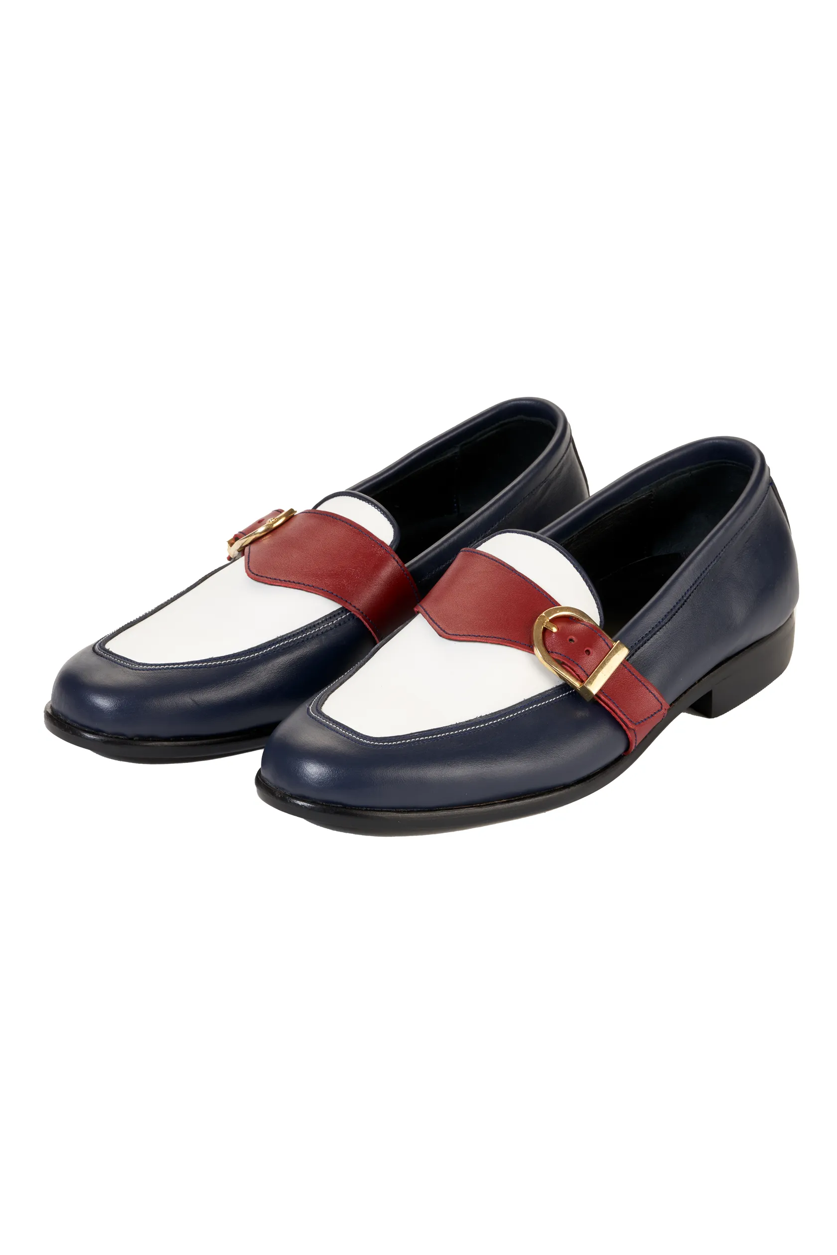 Ajadi Loafers in Navy Blue and White Leather with Red Strap Buckle