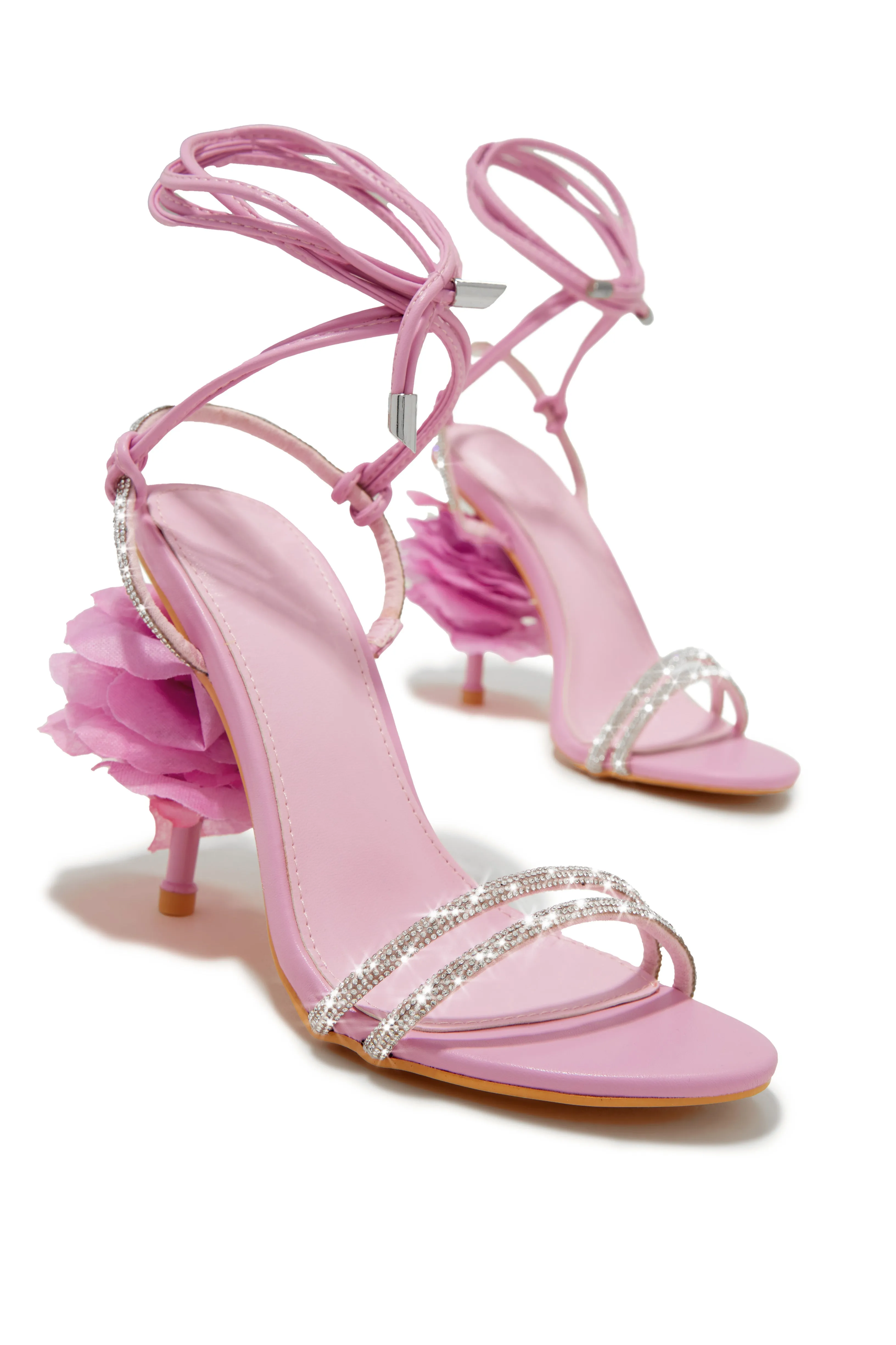 Alessia Lace Up Embellished Heels - Pink