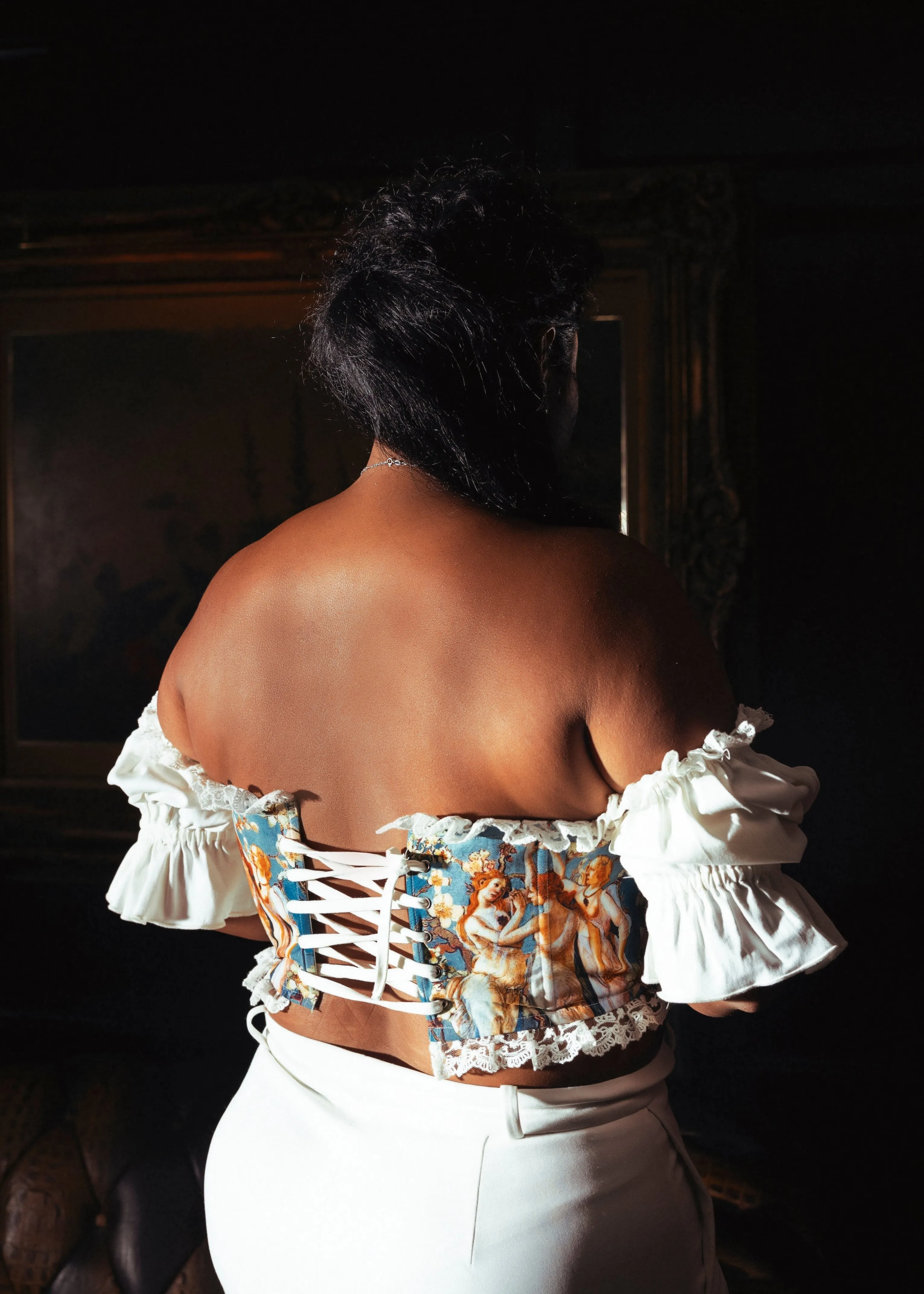 Alexandria White Grecian Print Off-Shoulder Corset