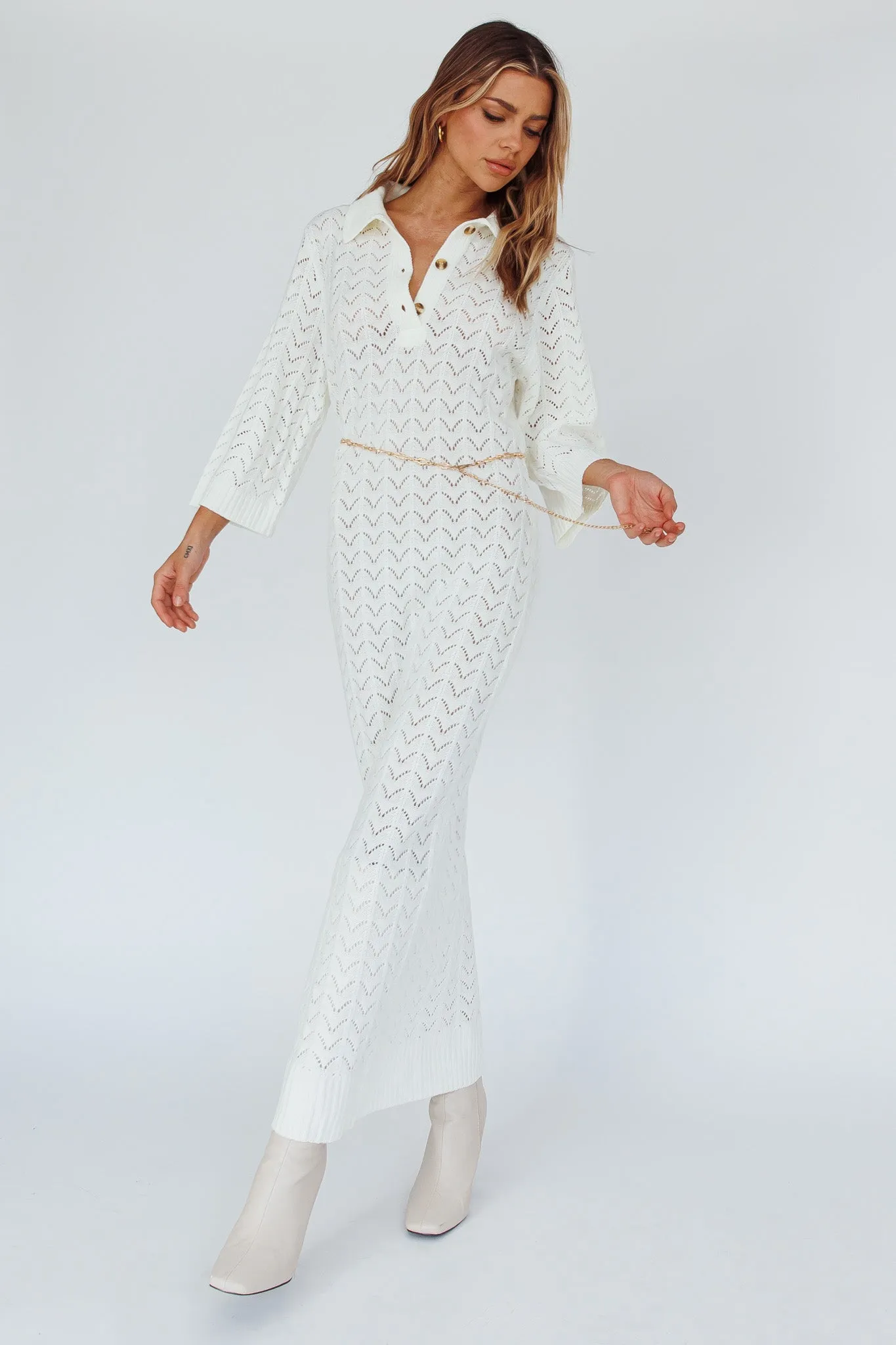 Alouette 3/4 Sleeve Crochet Midi Dress Cream