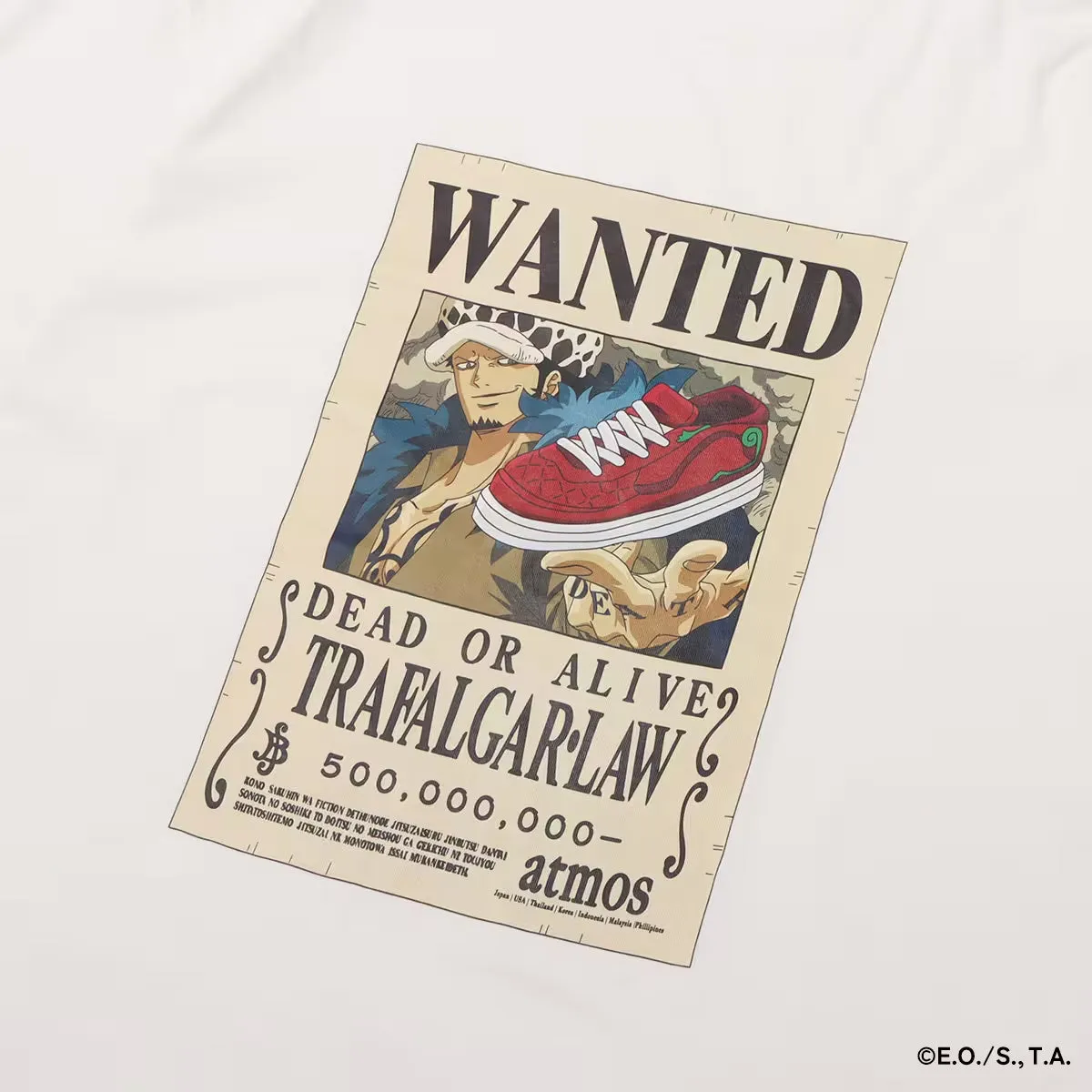 ATMOS X ONE PIECE WANTED POSTER T-SHRTS WHITE X TRAFALGAR LAW