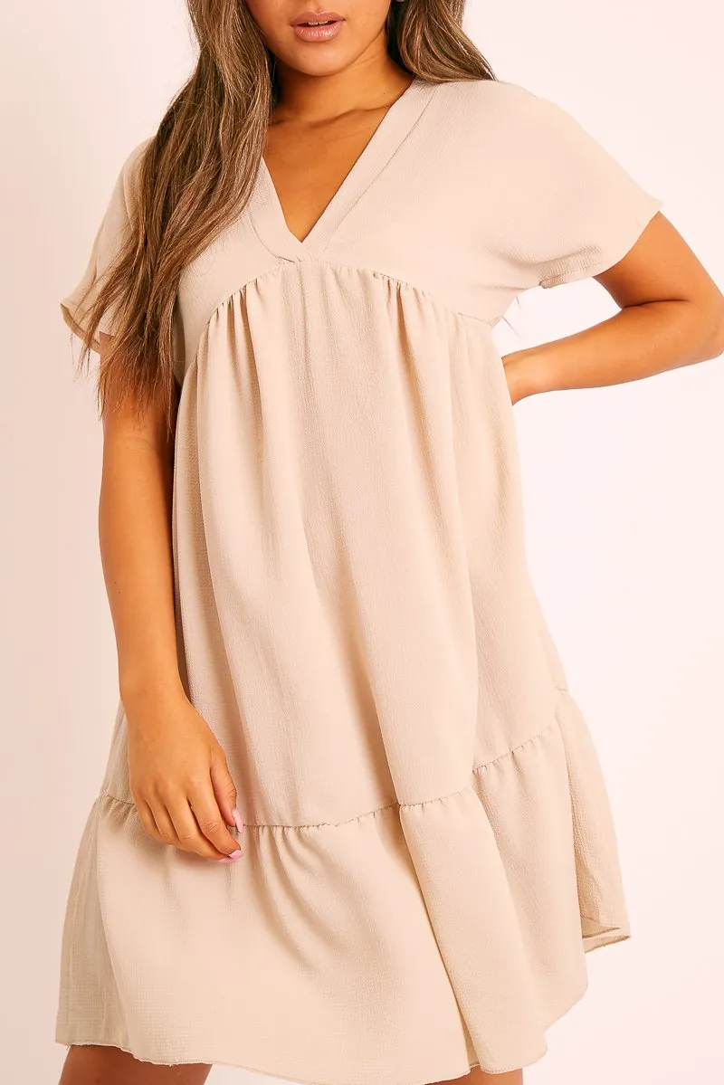 Beige Plunge Smock Dress - Cambriella