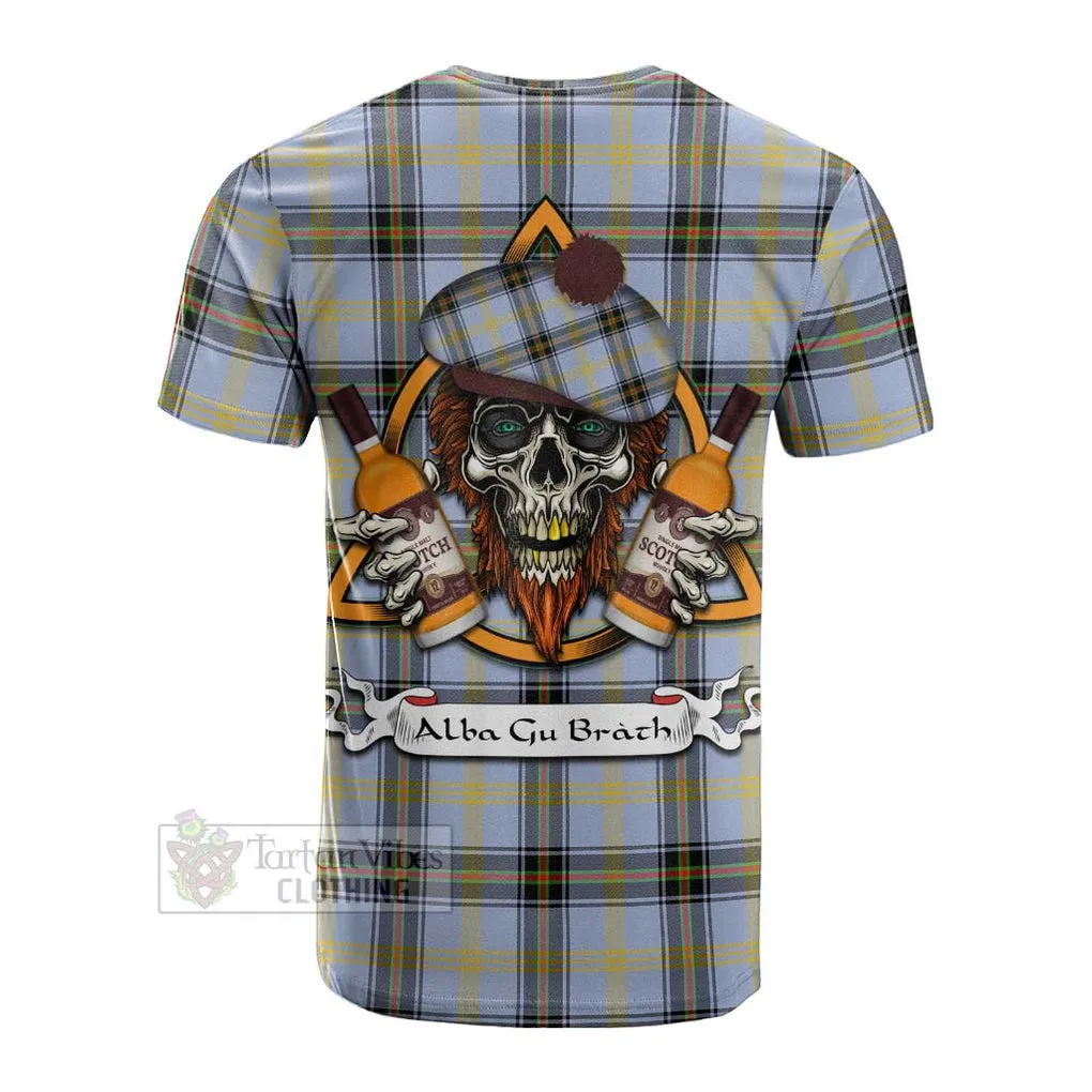 Bell Tartan Cotton T-shirt with Family Crest and Bearded Skull Holding Bottles of Whiskey