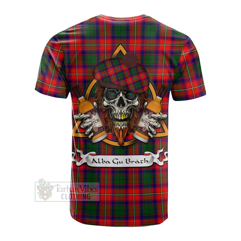 Belshes (Belsches) Tartan Cotton T-shirt with Family Crest and Bearded Skull Holding Bottles of Whiskey