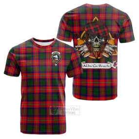 Belshes (Belsches) Tartan Cotton T-shirt with Family Crest and Bearded Skull Holding Bottles of Whiskey