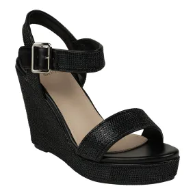 Betty Black Embellished Slingback Wedge Sandals