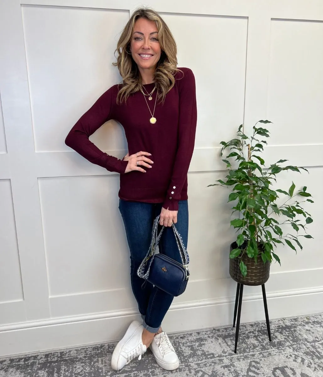 Burgundy Fine Knit Button Cuff Jumper