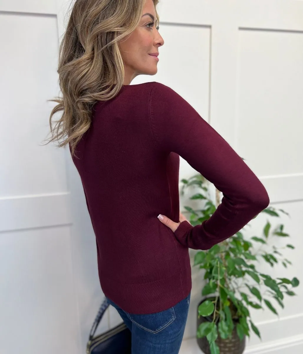 Burgundy Fine Knit Button Cuff Jumper