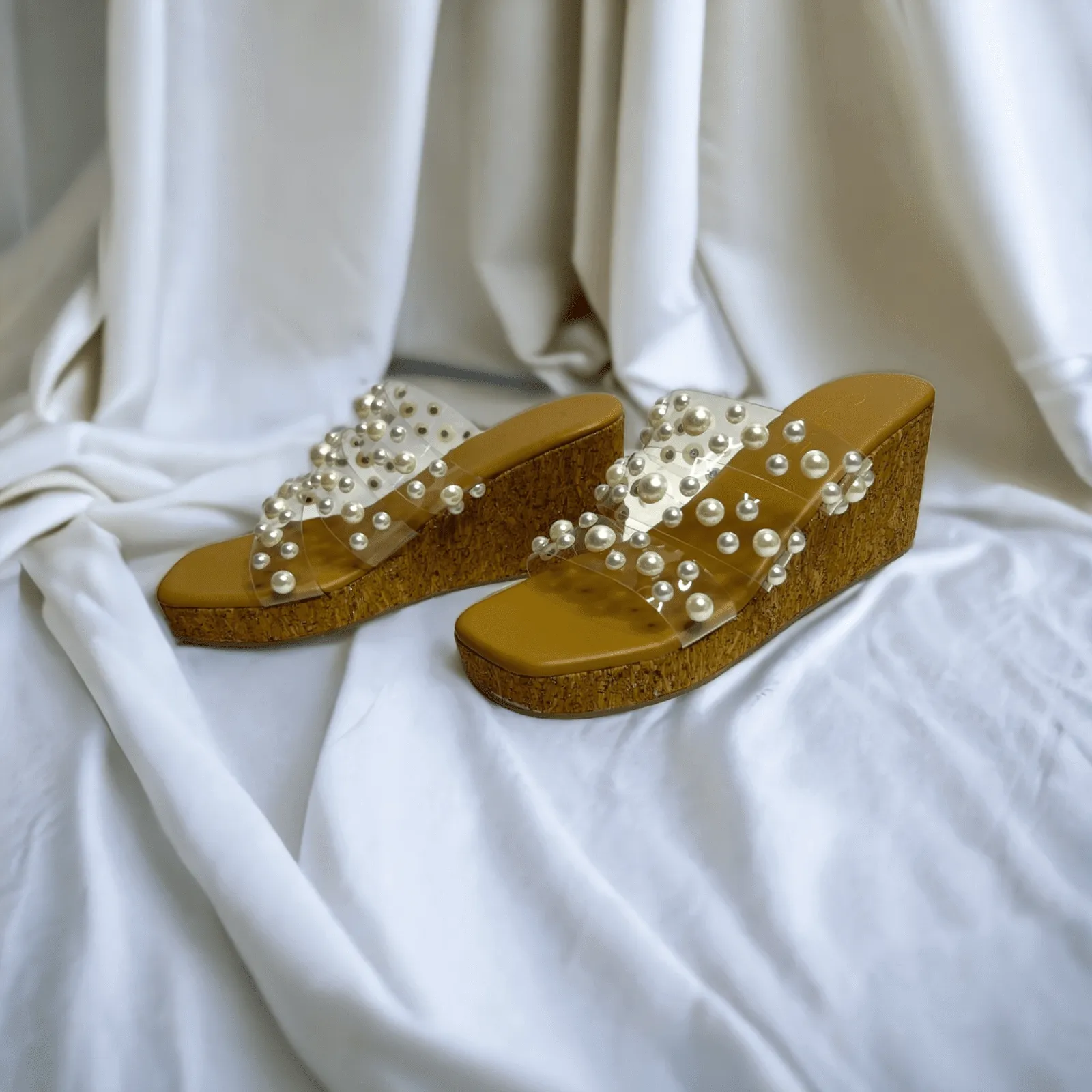 Clear Tan Pearl Wedges