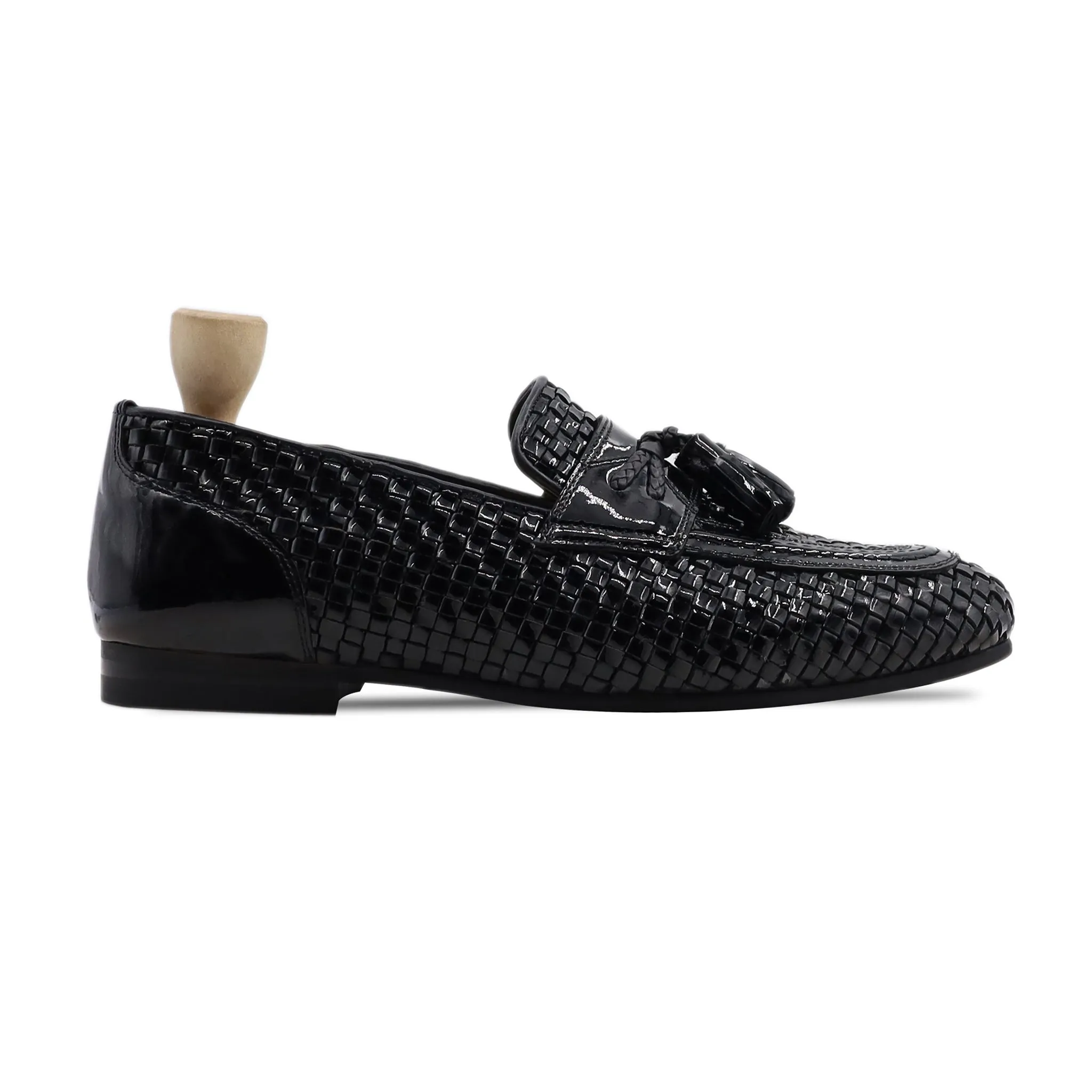 Congo - Men's Black Hand Woven Patent Leather Loafoer