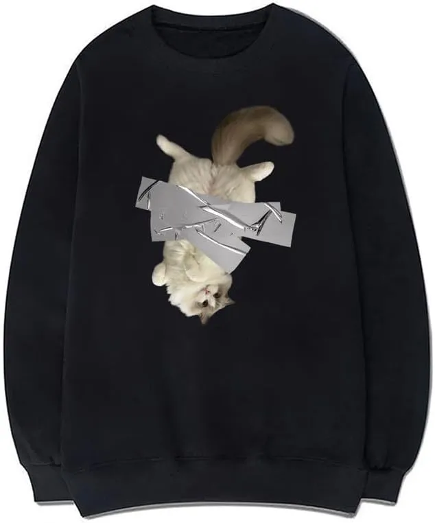 CORIRESHA Cute Handstand Cat Sweatshirt Crewneck Long Sleeve Casual Simple Pullover