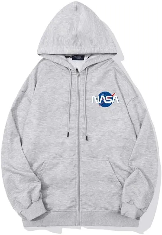 CORIRESHA Fashion NASA Logo Hoodie Zip Up Long Sleeve Drawstring Basic Sweatshirt