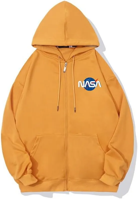 CORIRESHA Fashion NASA Logo Hoodie Zip Up Long Sleeve Drawstring Basic Sweatshirt