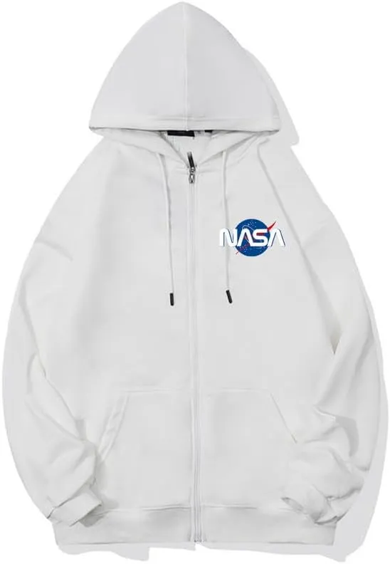 CORIRESHA Fashion NASA Logo Hoodie Zip Up Long Sleeve Drawstring Basic Sweatshirt