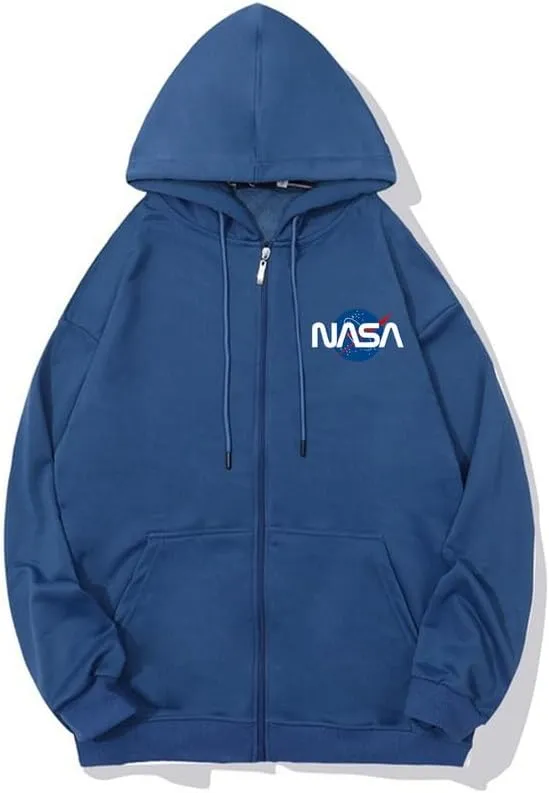 CORIRESHA Fashion NASA Logo Hoodie Zip Up Long Sleeve Drawstring Basic Sweatshirt