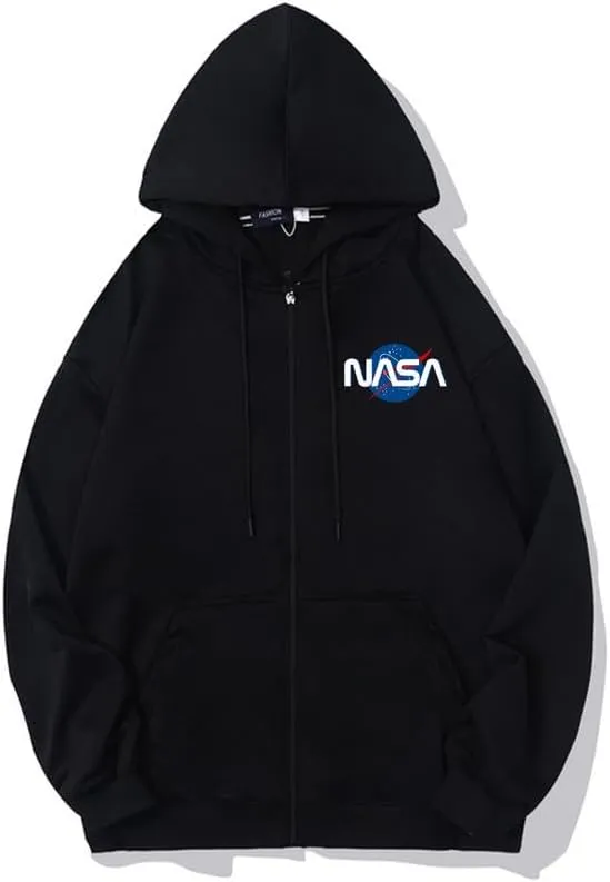 CORIRESHA Fashion NASA Logo Hoodie Zip Up Long Sleeve Drawstring Basic Sweatshirt