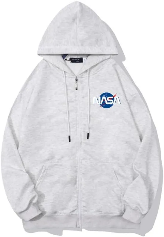 CORIRESHA Fashion NASA Logo Hoodie Zip Up Long Sleeve Drawstring Basic Sweatshirt