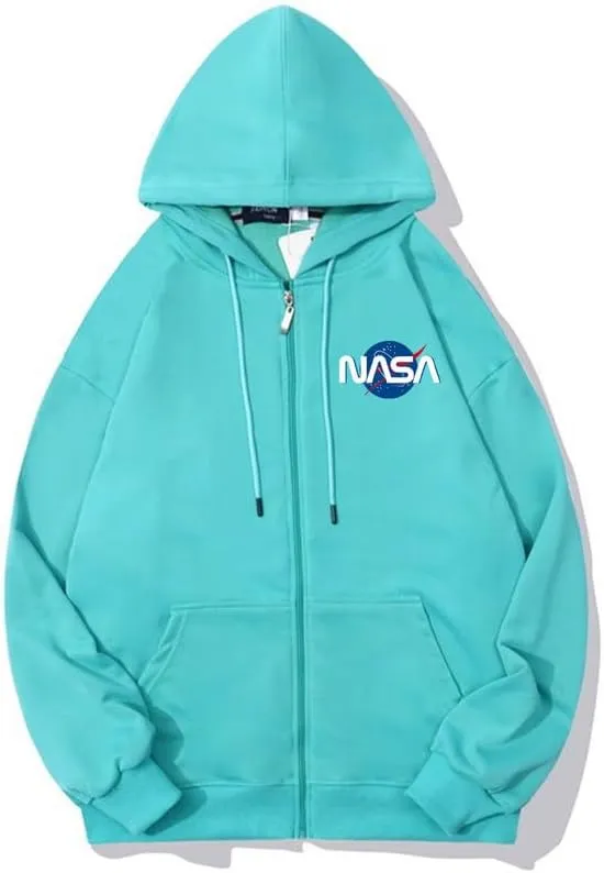 CORIRESHA Fashion NASA Logo Hoodie Zip Up Long Sleeve Drawstring Basic Sweatshirt