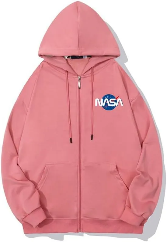 CORIRESHA Fashion NASA Logo Hoodie Zip Up Long Sleeve Drawstring Basic Sweatshirt