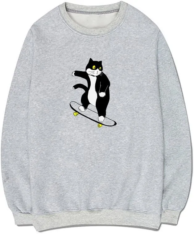 CORIRESHA Teen Cute Cat Skateboard Crew Neck Long Sleeve Soft Cotton Sweatshirt