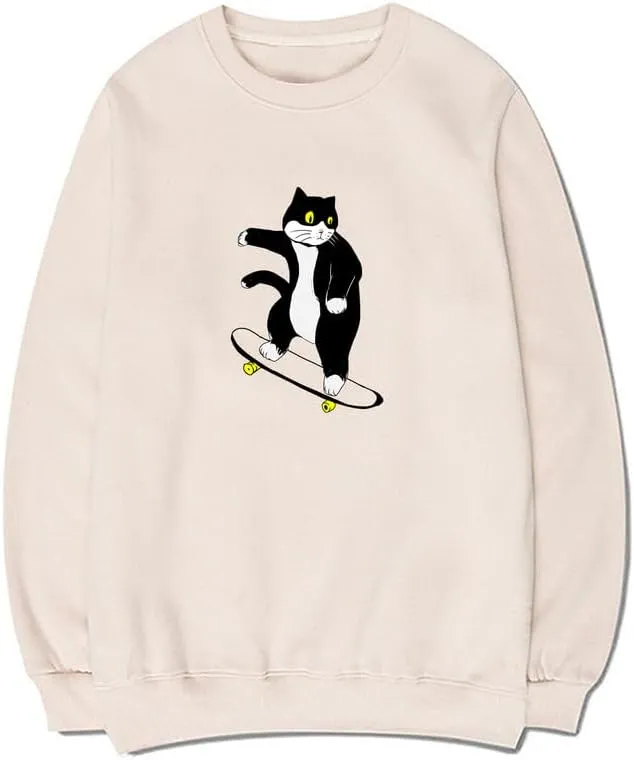 CORIRESHA Teen Cute Cat Skateboard Crew Neck Long Sleeve Soft Cotton Sweatshirt