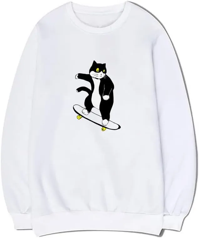 CORIRESHA Teen Cute Cat Skateboard Crew Neck Long Sleeve Soft Cotton Sweatshirt