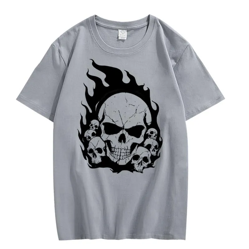 CORIRESHA Teen Skull Flame Crewneck Short Sleeve Y2K Aesthetic Halloween T-Shirt