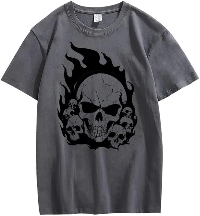 CORIRESHA Teen Skull Flame Crewneck Short Sleeve Y2K Aesthetic Halloween T-Shirt