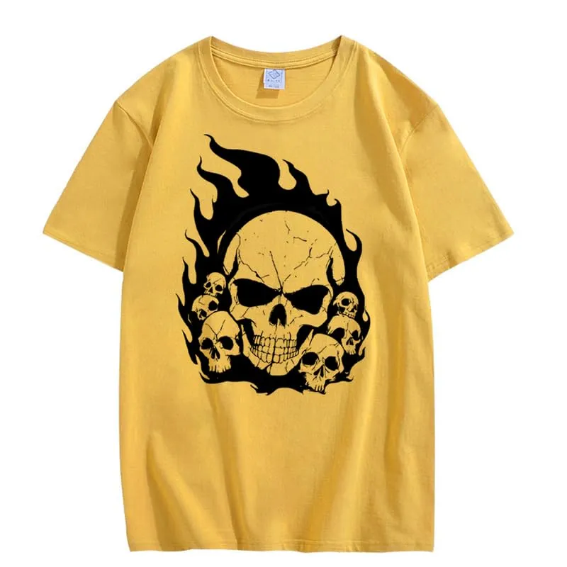 CORIRESHA Teen Skull Flame Crewneck Short Sleeve Y2K Aesthetic Halloween T-Shirt