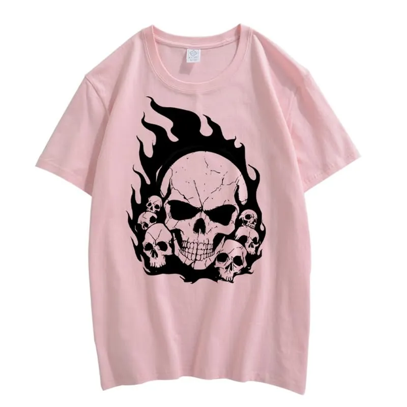 CORIRESHA Teen Skull Flame Crewneck Short Sleeve Y2K Aesthetic Halloween T-Shirt