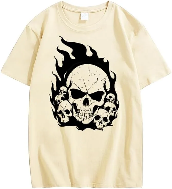 CORIRESHA Teen Skull Flame Crewneck Short Sleeve Y2K Aesthetic Halloween T-Shirt