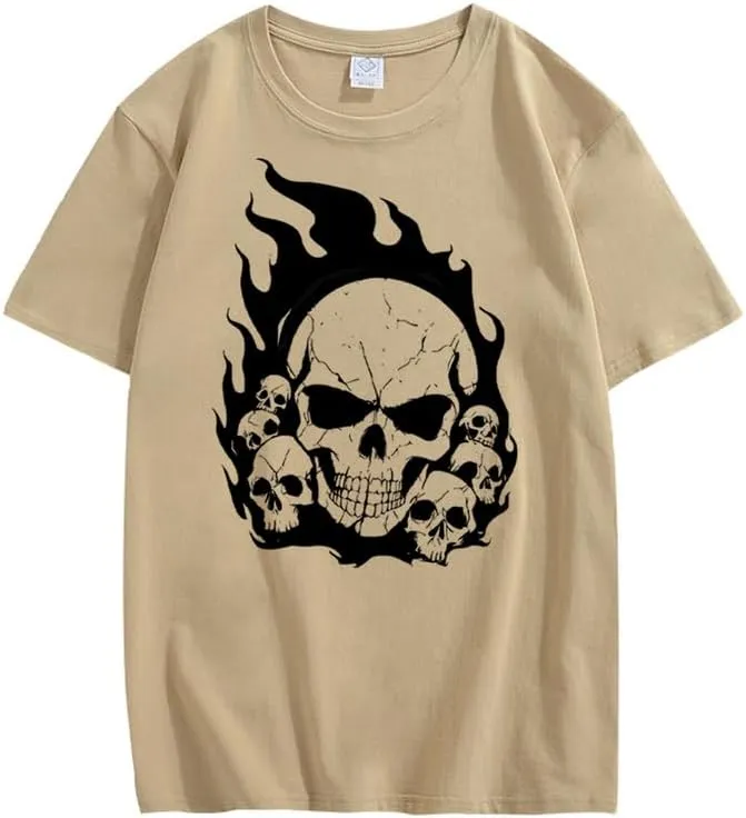 CORIRESHA Teen Skull Flame Crewneck Short Sleeve Y2K Aesthetic Halloween T-Shirt