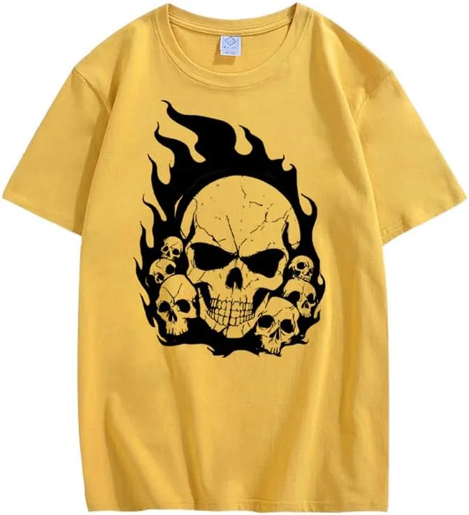 CORIRESHA Teen Skull Flame Crewneck Short Sleeve Y2K Aesthetic Halloween T-Shirt