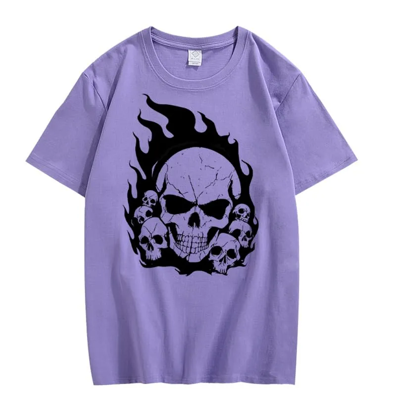 CORIRESHA Teen Skull Flame Crewneck Short Sleeve Y2K Aesthetic Halloween T-Shirt