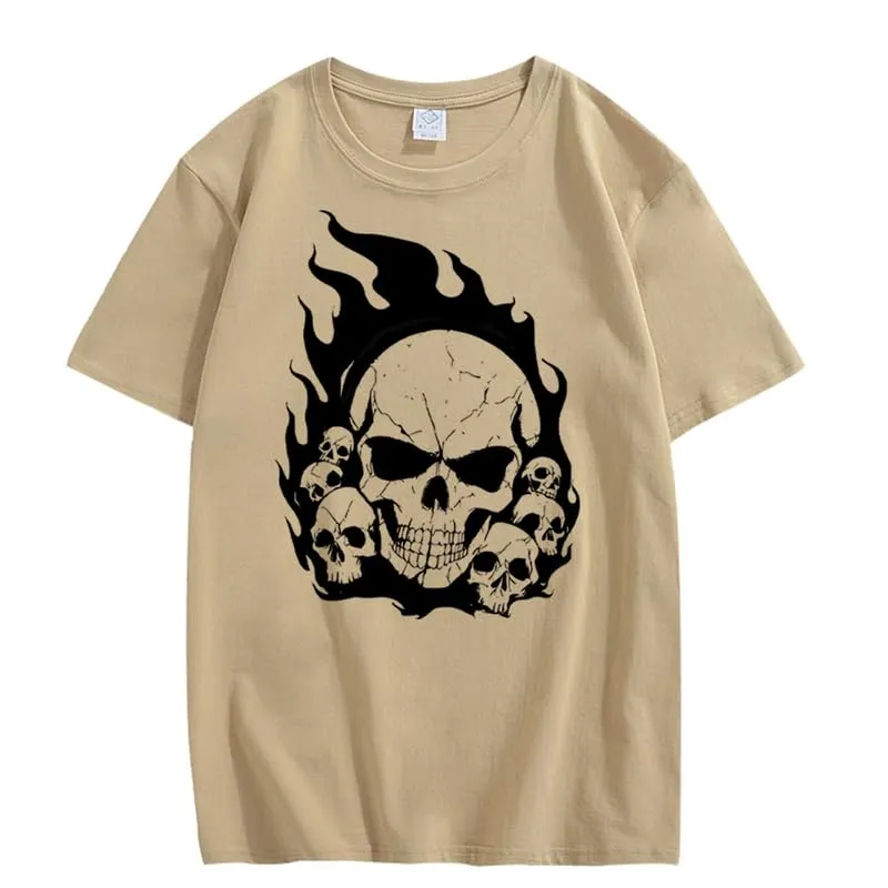 CORIRESHA Teen Skull Flame Crewneck Short Sleeve Y2K Aesthetic Halloween T-Shirt