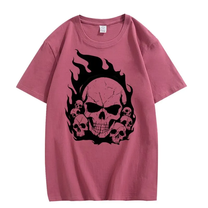 CORIRESHA Teen Skull Flame Crewneck Short Sleeve Y2K Aesthetic Halloween T-Shirt