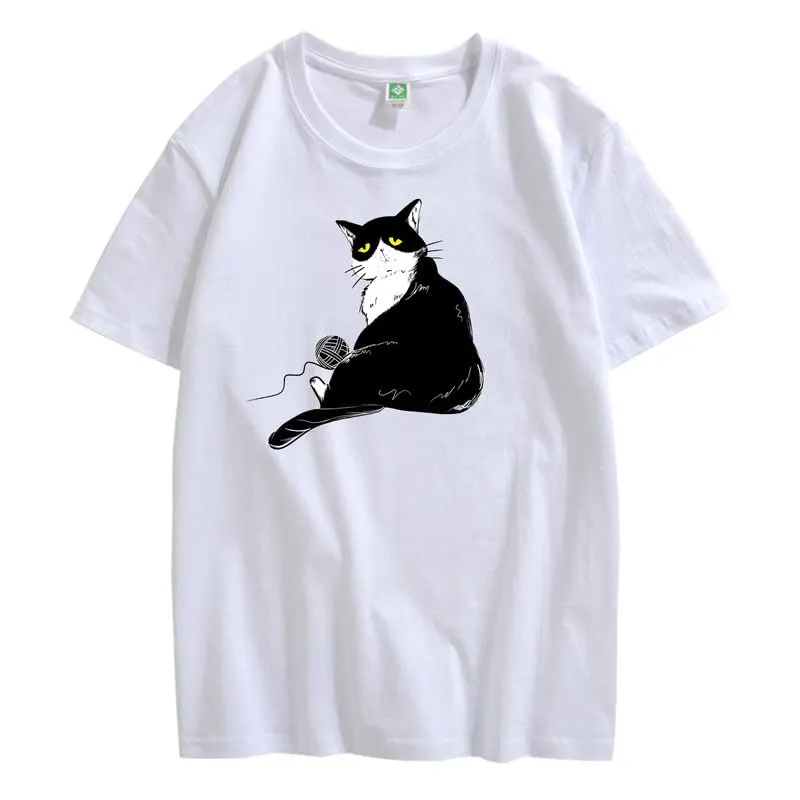 CORIRESHA Teen's Cute Cat T-Shirt Casual Crew Neck Short Sleeve Cotton Loose Top