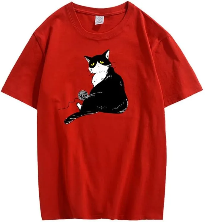 CORIRESHA Teen's Cute Cat T-Shirt Casual Crew Neck Short Sleeve Cotton Loose Top