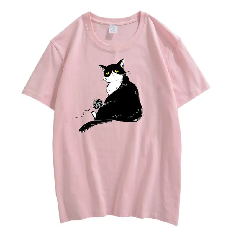 CORIRESHA Teen's Cute Cat T-Shirt Casual Crew Neck Short Sleeve Cotton Loose Top