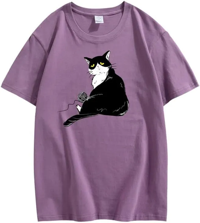 CORIRESHA Teen's Cute Cat T-Shirt Casual Crew Neck Short Sleeve Cotton Loose Top