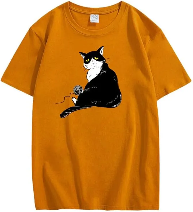 CORIRESHA Teen's Cute Cat T-Shirt Casual Crew Neck Short Sleeve Cotton Loose Top