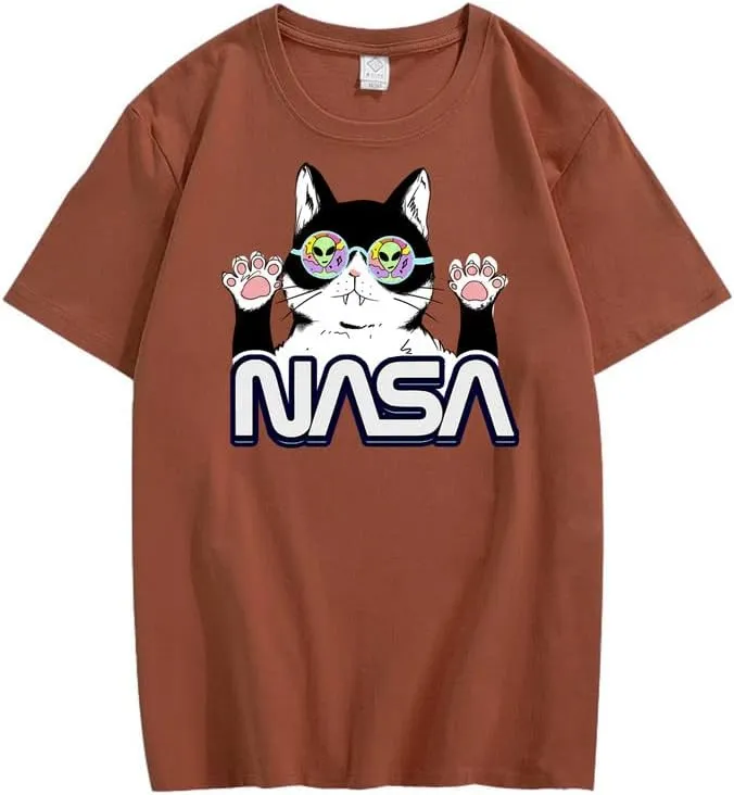 CORIRESHA Teen's NASA T-Shirt Casual Crewneck Short Sleeve Cute Cat Top