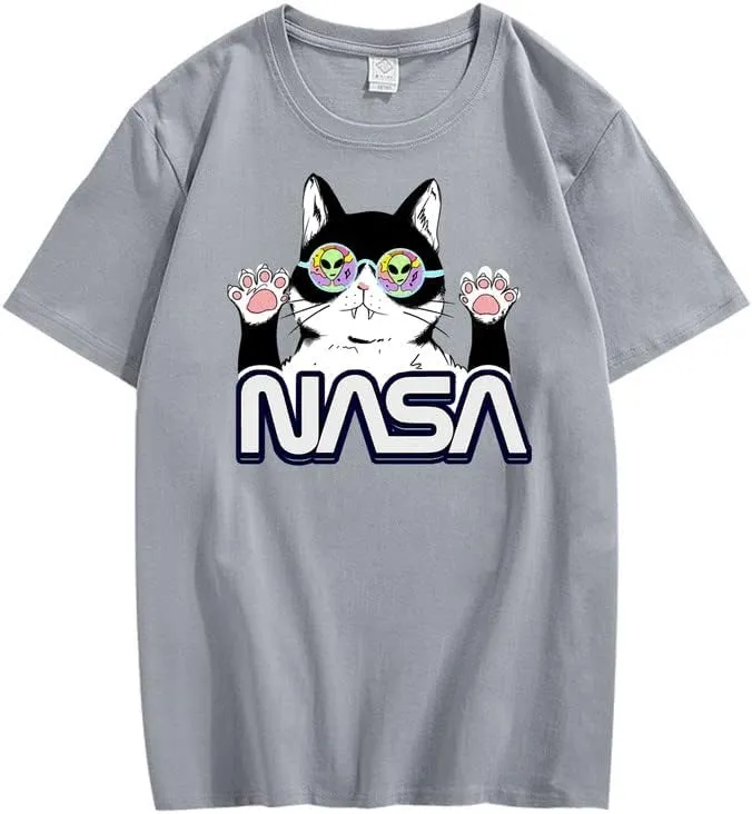 CORIRESHA Teen's NASA T-Shirt Casual Crewneck Short Sleeve Cute Cat Top